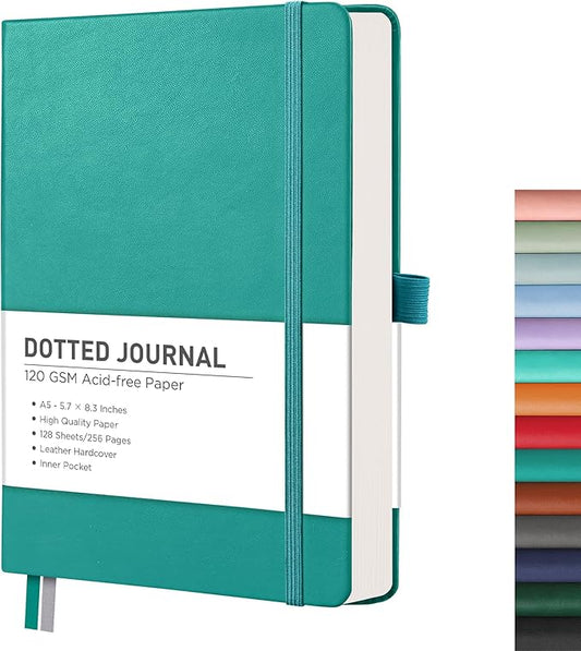 RETTACY Bullet Dotted Journal Notebook, 256 Pages, A5 Medium Size (5.7'' × 8.3''), Leather Hardcover, 120 GSM Thick Paper, for Bullet Journaling, Planning, Tracking (Cyan)-DeskLoop Office