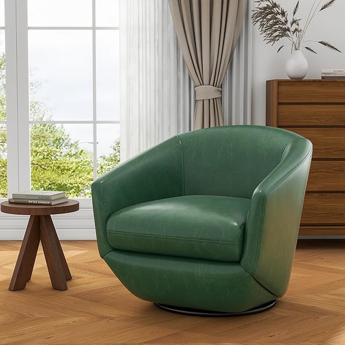UIXE Faux Leather Swivel Accent Chairs Set of 2, Barrel Chair Upholstered Club Armchair for Living Room, Comfy Single Sofa Bedroom Side Reading Seat - Green-DeskLoop Office