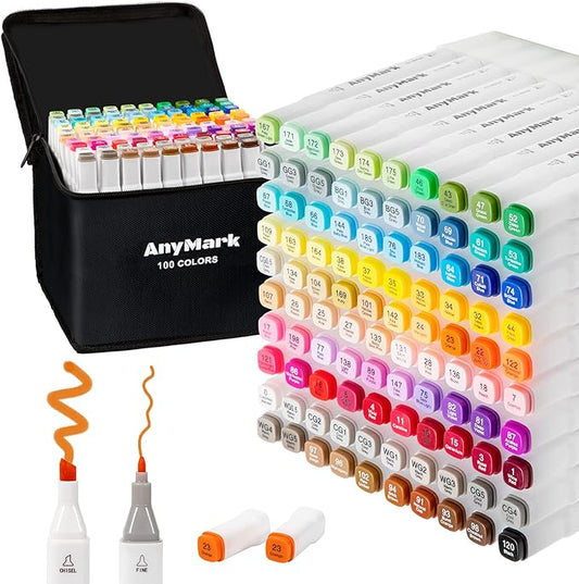 AnyMark Alcohol Markers, 100 Colors Dual Tip Art Coloring Markers Set by AnyMark