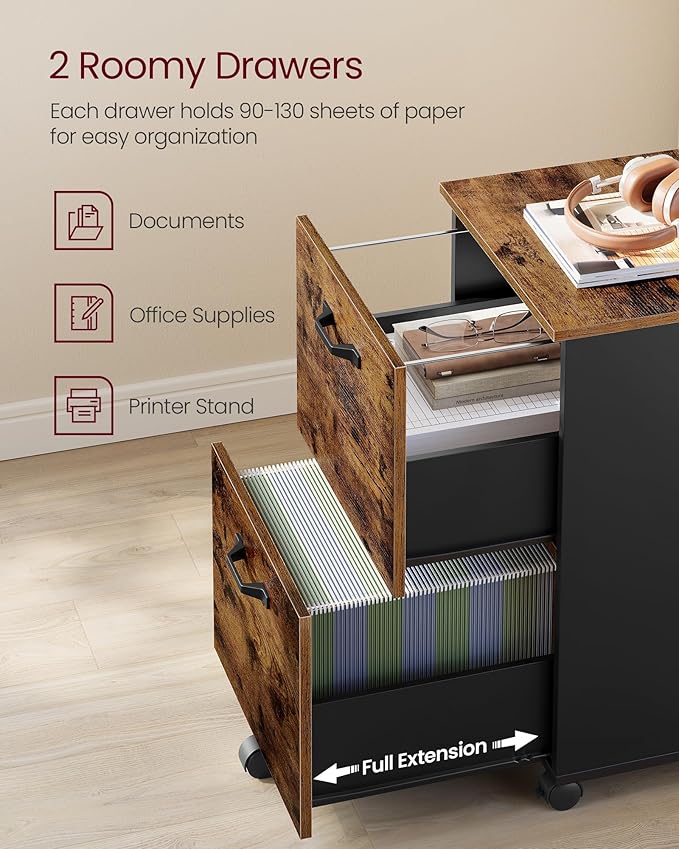 VASAGLE 2-Drawer File Cabinet, Small Rolling Filing Cabinet for Home Office, Printer Stand, for A4, Letter-Size Documents, 15.7 x 16.5 x 27.6 Inches, Rustic Brown and Ink Black UOFC040B01-DeskLoop Office