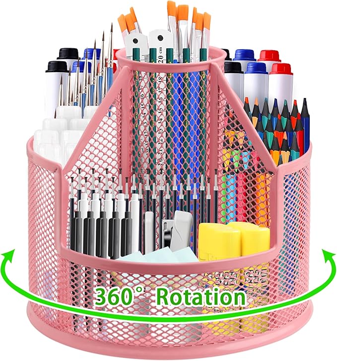 Sturdy Rotating Pen Holder, Cute Metal Pencil Holder, Large Mesh Pen Organizer for Desk, Premium Friendly Office Desk Accessories & Workspace Organizers, Pink-DeskLoop Office
