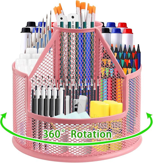 Sturdy Rotating Pen Holder, Cute Metal Pencil Holder, Large Mesh Pen Organizer for Desk, Premium Friendly Office Desk Accessories & Workspace Organizers, Pink-DeskLoop Office