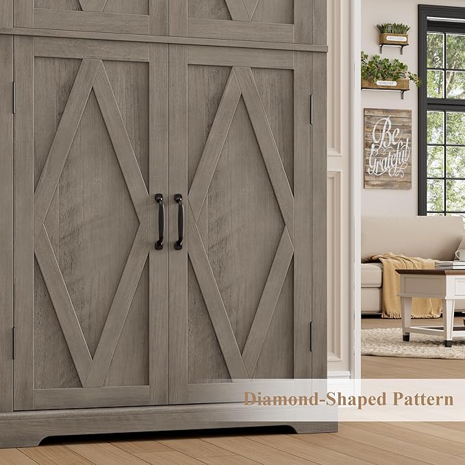 HOSTACK 64" Tall Pantry Cabinet, Modern Farmhouse Kitchen Pantry, Wood Bathroom Storage Cabinet, Large Bookcase, 4 Doors|Adjustable Shelves, for Dining Room, Living Room, Home Office, Ash Grey-DeskLoop Office