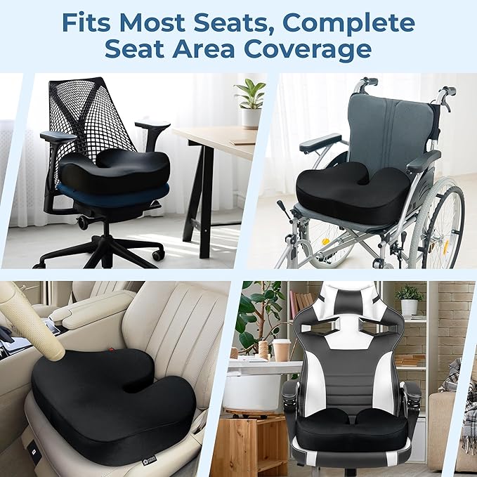 5 STARS UNITED Seat Cushion for Tailbone Pain Relief – Large Memory Foam Lifting Pillow for Coccyx, Hip, Sciatica & Post-Surgery Recovery – Wheelchair, Car, Desk, Gaming & Office Chairs, Black-DeskLoop Office