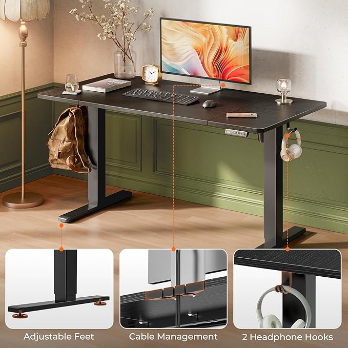 Huuger 55 x 28 Large Electric Standing Desk, Height Adjustable Computer Desk, 27.6" Deep Desktop, Stand up Gaming Office Table with 2 Hooks, 3 Preset Heights, for Home Office, Black-DeskLoop Office