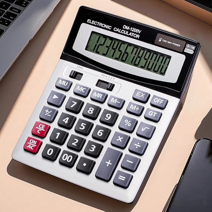 12 Digit Desktop Calculator with Large LCD Display and Sensitive Button, Dual Solar Power and Battery, Standard Function for Office (YE1200v)-DeskLoop Office