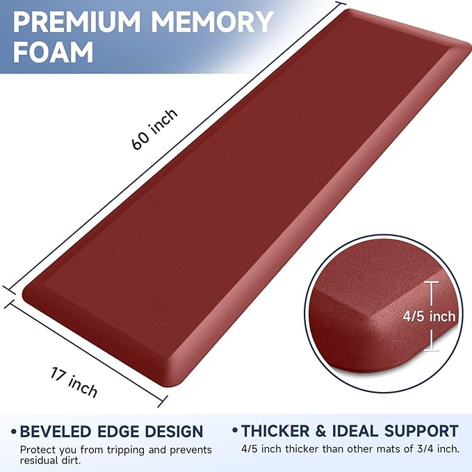 4/5 Inch Thick Kitchen Mat Anti Fatigue Mat Kitchen Rugs Kitchen Decor Non-Slip, Stain Resistant, Waterproof Kitchen Mats Desk Mat for Kitchen, Office, Workshop, Red, 17'' x 60''-DeskLoop Office
