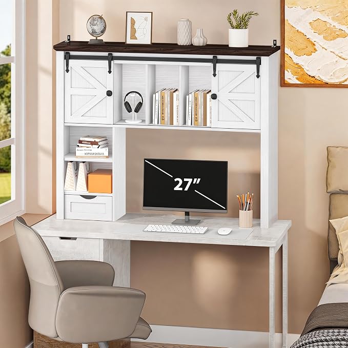 Large Desktop Bookshelf with Sliding Barn Door, 47.2''W Desk Shelf Display Rack - Image 3