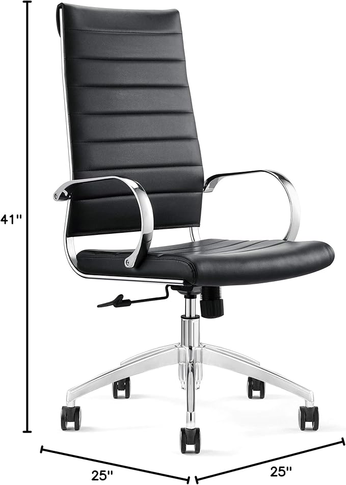 Ribbed High Back Conference Room Chairs - Lumbar Support, Modern Style Executive Chair for Home and Office - 360 Swivel Rolling Wheels - Aluminum Chrome Frame & Base - Black (Pack of 1)-DeskLoop Office