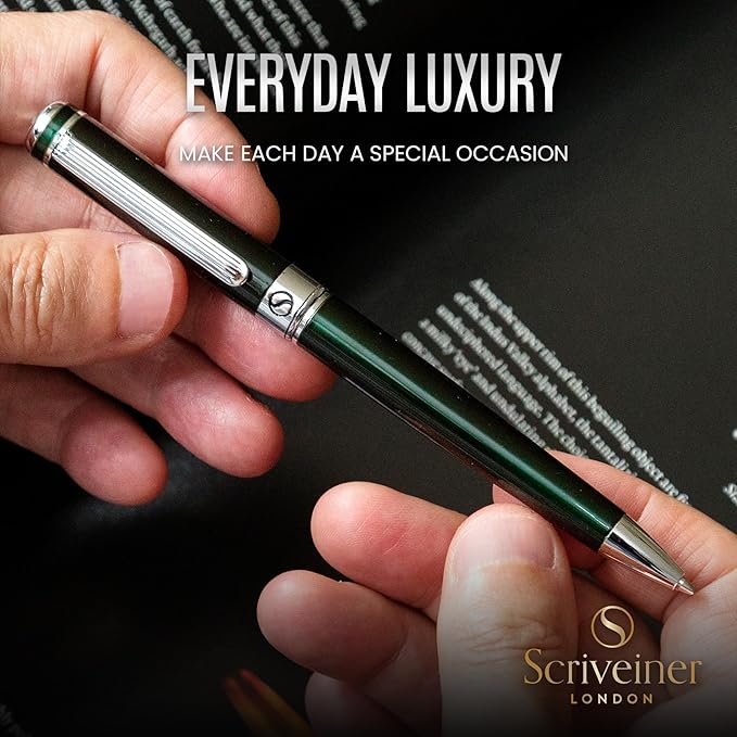 Scriveiner Green Ballpoint Pen - Stunning British Racing Green Luxury Pen, Chrome Finish, Schmidt Black Refill, Best Ball Pen Gift Set for Men & Women, Professional Executive Office, Nice Designer Pen-DeskLoop Office