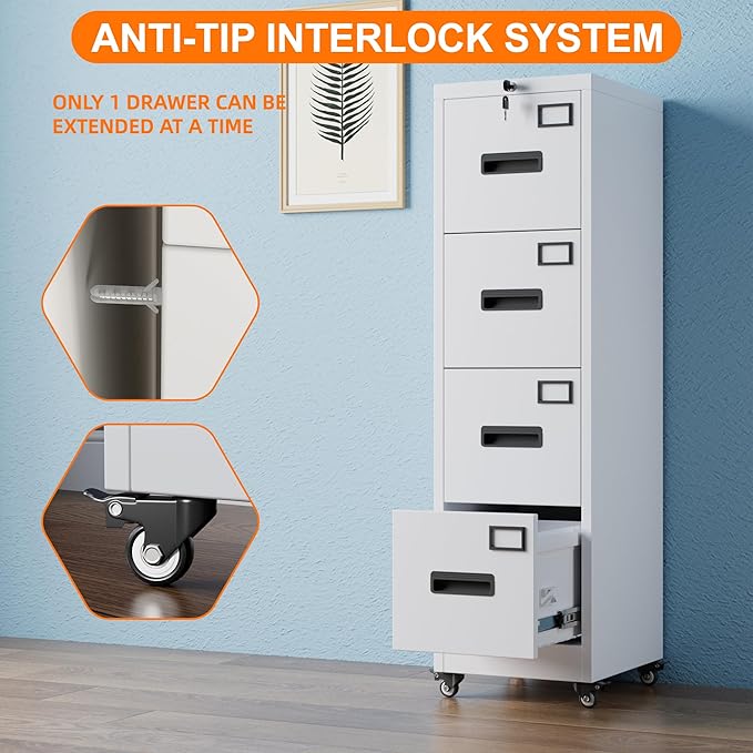 Aobabo 56" H 4 Drawer Moblie Office File Cabinet with Lock, Rolling Metal Filing Storage Cabinet, Legal/Letter A4 Size, White, Assembly Required-DeskLoop Office