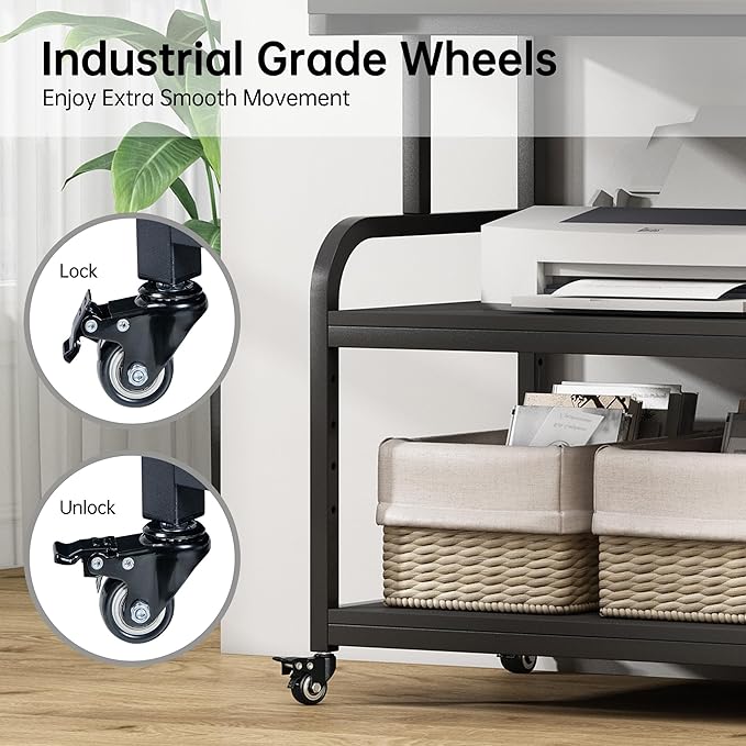 32.3" x 18.9" Extra Large Printer Stand Table with Adjustable Storage Shelf, 3 Tier Rolling Printer Cart with Industrial Wheels for Home Office, Black-DeskLoop Office