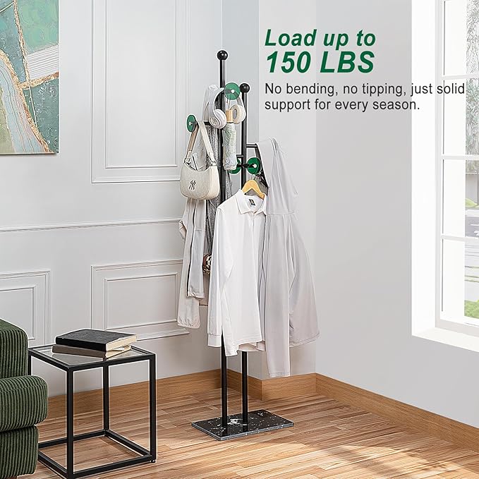 Free Standing Coat Rack with Marble Base & 8 Hooks Heavy Duty Clothes Rack for Entryway Bedroom Living Room Hotel 14.96 x 10.24 x 68.9 Inches (Black)-DeskLoop Office