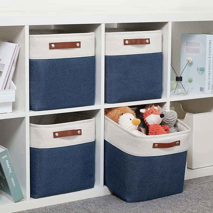 DULLEMELO Foldable Storage Cubes 12 x 12 Organizer Bins,Canvas Storage Bins Empty Gift Baskets for Organizing with SturdyLeather Handles, Closet Baskets for Nursery Storage(4 Pack - 12" White&Blue)-DeskLoop Office
