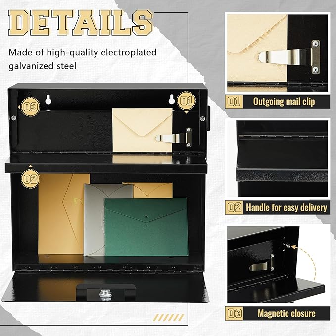 Extra Large Wall Mount Mailboxes for Outside 15.35 x 15 x 7 Inches Locking Security Mail Box Galvanized Steel Wall Mailbox Large Capacity Post Box with Key Lock and Reflective Stickers(Black)-DeskLoop Office