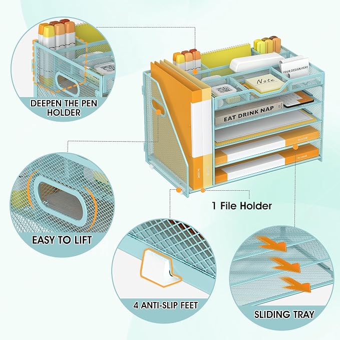 5 Tier Paper Letter Tray with File Holder and 3 Drop-in Pen Holders, Mesh Desk - Image 4
