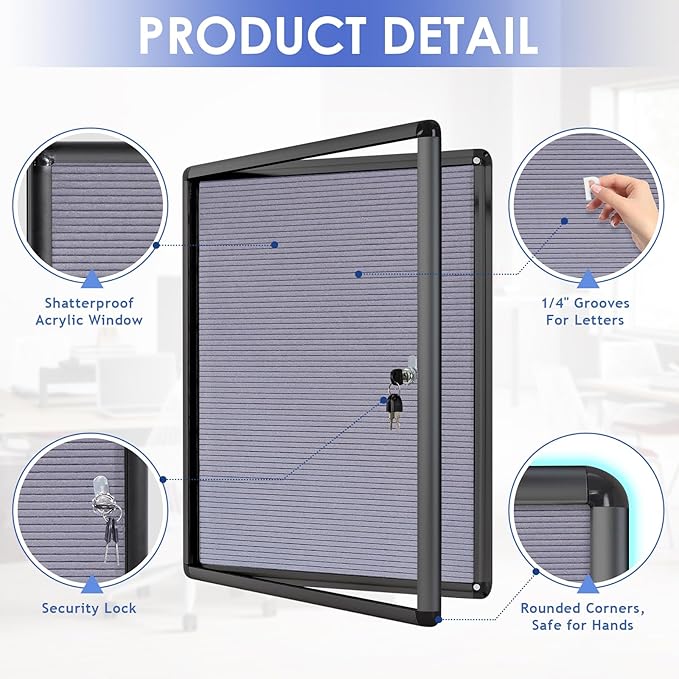 S SWANCROWN Enclosed Bulletin Board with Locking Door 26x20 in, Lockable Felt Letter Board Sign Tamperproof Message Board for Office School Home, Black Aluminum Frame, Grey-DeskLoop Office