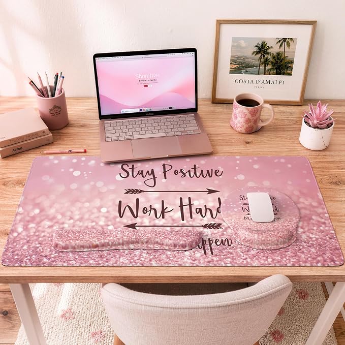iCasso Mouse Pad, Large Pink Desk Mat Set, 4in1 XXL Mousepad + Keyboard Wrist - Image 7