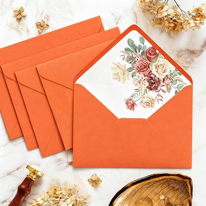 50 Pcs Bright Orange Envelopes Floral Pattern 150gsm 5x7 Envelopes - Image 2