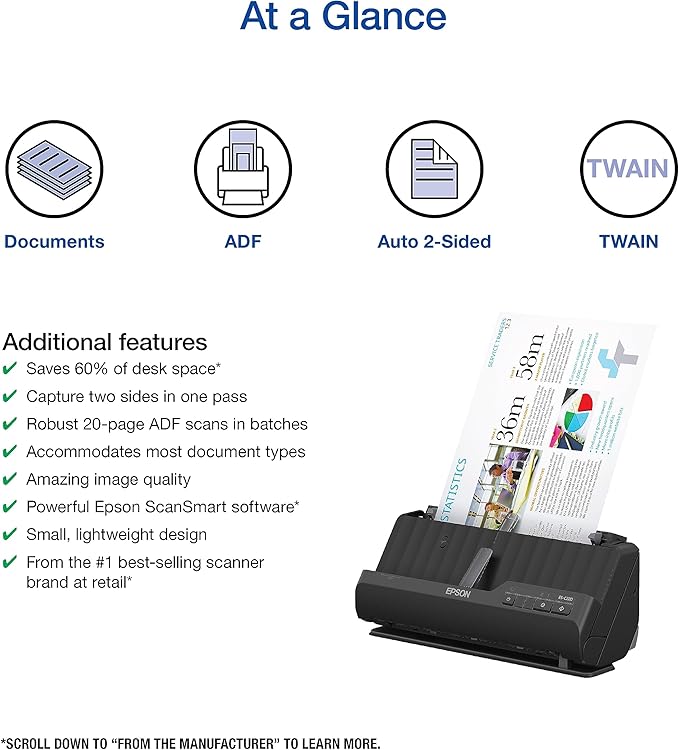Epson Workforce ES-C220 Compact Desktop Document Scanner with 2-Sided Scanning and Auto Document Feeder (ADF) for PC and Mac-DeskLoop Office