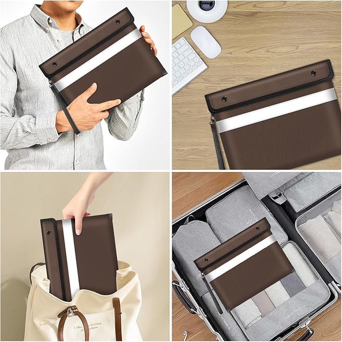 Fireproof Bag for Documents (11 x 7.7 inch)-5200 Heat Insulated, Waterproof Document Pouch with Double-Sided Reflective Strip, Money Bag for Cash (Brown)-DeskLoop Office