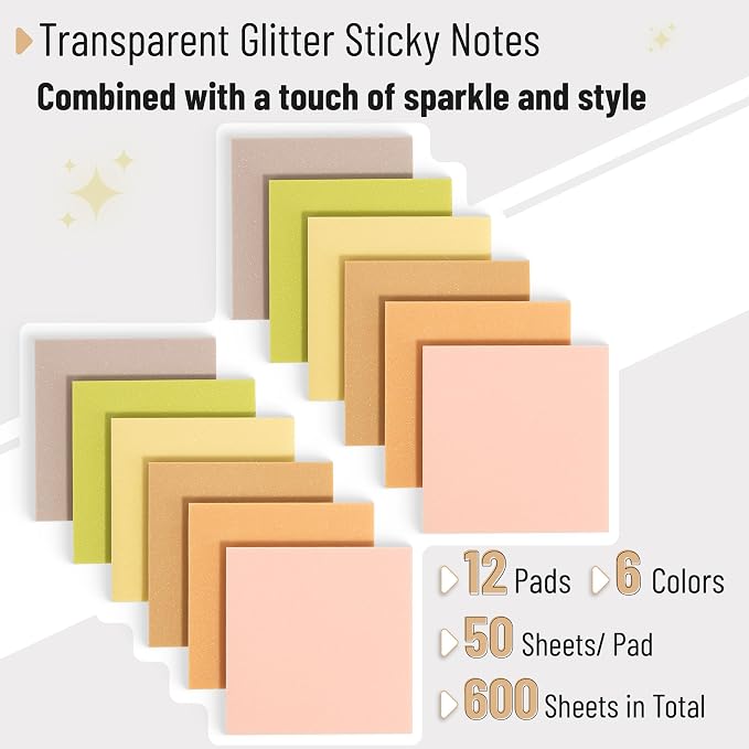Mr. Pen- Transparent Glitter Sticky Notes, 12 Pads, 600 Sheets | Glitter - Image 2