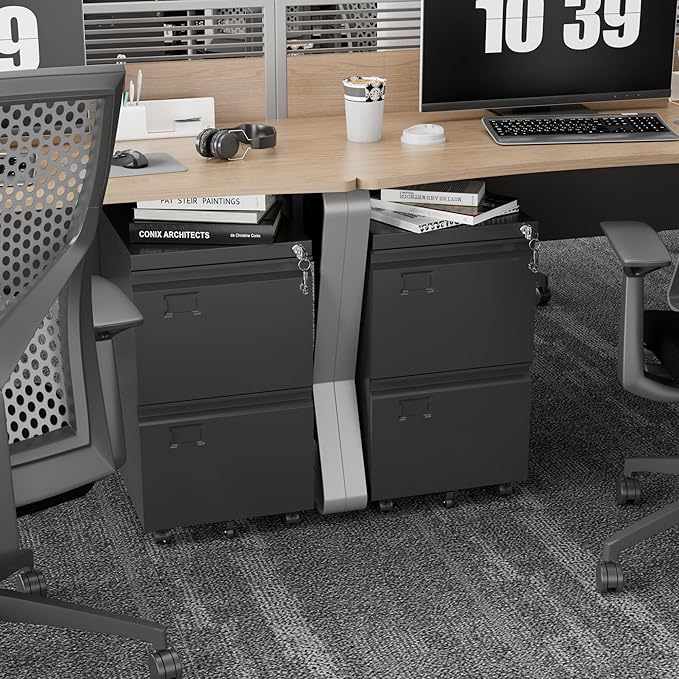2 Drawers Mobile File Cabinet, Metal Under Desk Cabinet with Lock, for Office & Home, Legal/Letter Size, W14.57”x D17.36”x H25.79”, Assembly Required-DeskLoop Office
