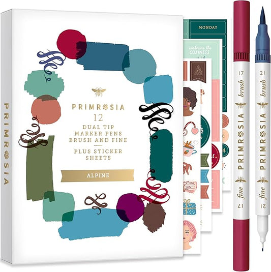 Primrosia 12 Dual Tip Watercolor Marker Pens - Fine Tip & Brush Tips, Professional Quality, 4 x Sticker Sheets, Blendable, Non-Toxic, Perfect for Calligraphy, Drawing & Coloring. (Alpine)-DeskLoop Office