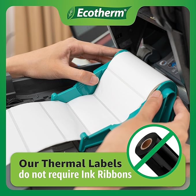 2.25" x .5" Thermal Labels | 6 Rolls | 25200 Labels | fits Zebra, Munbyn, Rollo, Godex, Arkscan, iDPRT, Offnova Thermal Label Printers and More | Blank White Adhesive Stickers by Ecotherm