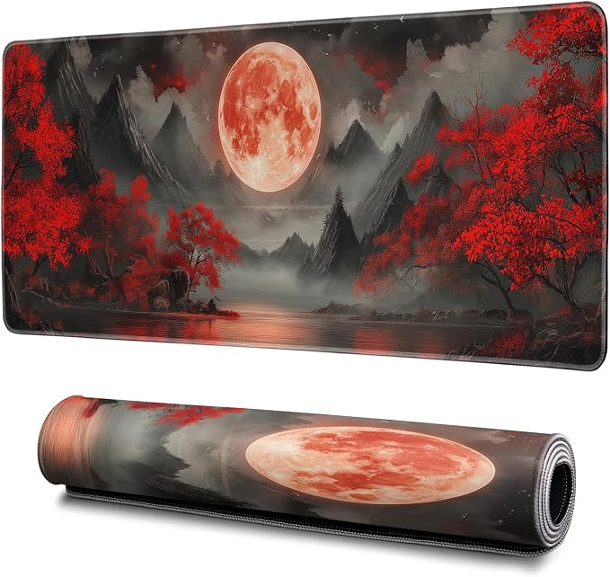 Darkness Red Moon Mouse Pad Abstract Red Mouse Pad 31.5x11.8 Inch Texture by Hahaluo