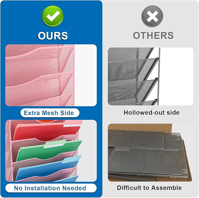 EASEPRES 8 Pocket Mesh Hanging Wall File Organizer, Wall Mounted Mail Paper Document Folder Holder, Clipboard Storage Organization Magazine Rack with Nametag Label for Office Home School, Pink-DeskLoop Office