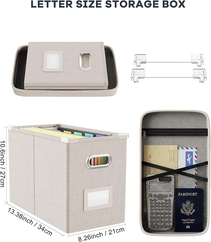 Oterri File Organizer With Lid, Hanging Filing Box With Mesh Pocket, Document Organizer for Letter Files, Portable Storage With Smooth Sliding Rail for Office & Home (2 PCS, Beige)-DeskLoop Office