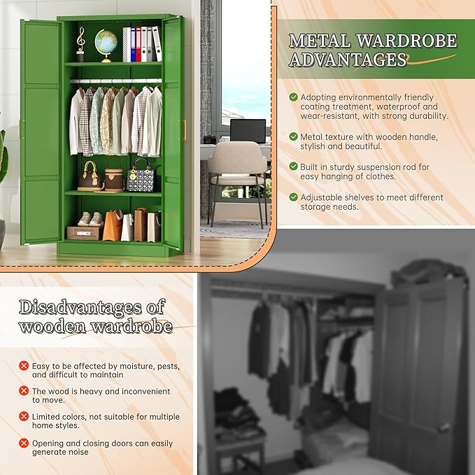 Greenvelly Metal Storage Wardrobe Cabinet with Lock, 71" Green Metal Wardrobe Closet for Hanging Clothes with Doors and Shelves, Modern Steel Clothes Closet for Home, Office and Bedroom, School,Gym-DeskLoop Office