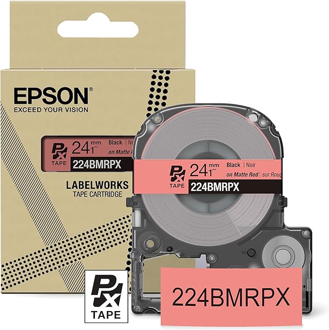 Epson LABELWORKS 224BMRPX Genuine PET (Polyester) Tape Cartridge - Black on Matte Red Designer Craft Label Maker Tape - 1" (24MM) Wide, 26'-DeskLoop Office