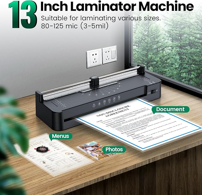 Laminator Machine with 40pcs Laminating Pouches Sheets, 9 in 1 Laminator 13-inch Wide Thermal &Cold Machine Built-in Paper Trimmer Corner Rounder Hole Punch for Home Office School (Black)-DeskLoop Office
