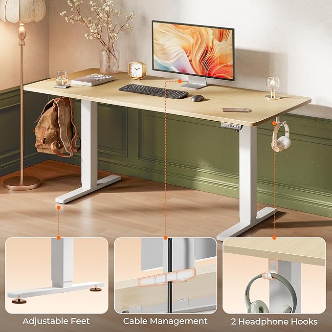 Huuger 63 x 28 Large Electric Standing Desk, Height Adjustable Computer Desk, 27.6" Deep Desktop, Stand up Gaming Office Table with 2 Hooks, 3 Preset Heights, for Home Office, Oak-DeskLoop Office
