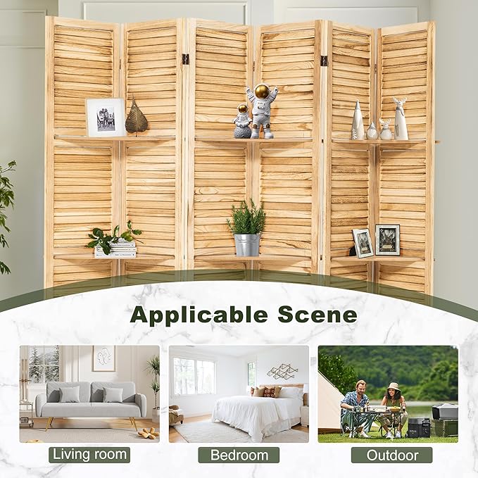 NicBex 6 Panel Room Divider,5.6FT Wood Carved Room Dividers with Display Shelves Folding Privacy Screens Portable Freestanding Partition Wall Dividers for Room Separation, Bedroom Office,Natural Wood-DeskLoop Office