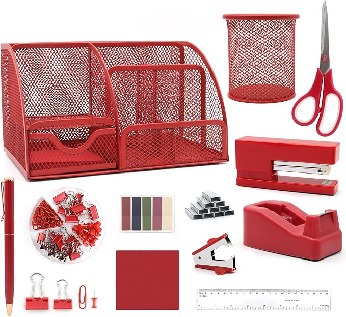 12 in 1 Red Desk Organizers and Accessories, Office Supplies Set Gifts by Shellvcase