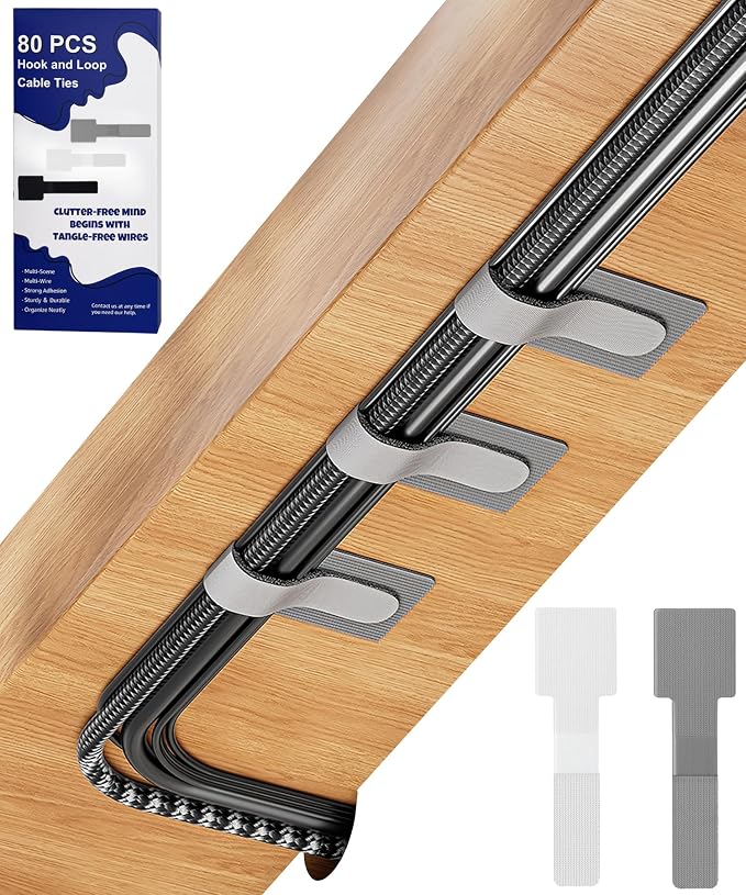 80PCS Hook and Loop Cable Ties, Under Desk Cable Management, Adhesive Cable by BTPIEL