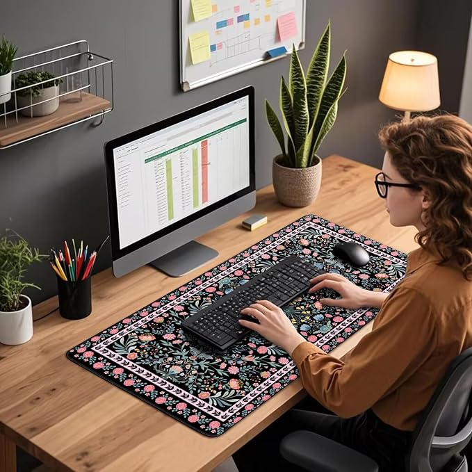 Black Floral Desk Mat, 31.5"x15.7" Large Mouse Pad, Anti-Slip Rubber Base - Image 5