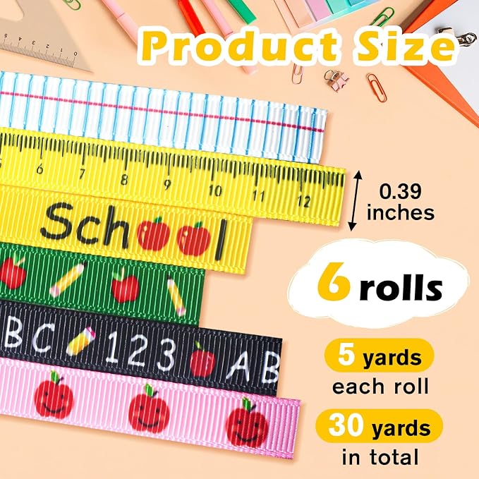 6 PCS Ruler Ribbon Teacher Themed 30 Yards, Back to School Ruler, ABC Ribbon - Image 2