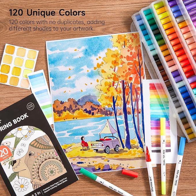 120 Colors Dual Tip Brush Marker Pens with 1 Coloring Book, Fineliner and Brush Dual Tip Markers Set, Water-based Ink Perfect for Kids Adult Artist Calligraphy Hand Lettering Journal Doodling Writing-DeskLoop Office