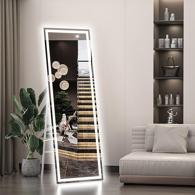 Hasipu Full Length Mirror with Lights, 56" x 15.8" LED Floor Mirror, Full Body Dressing Standing, Hanging Mounted Mirror for Living Room Bedroom Cloakroom, Square White-DeskLoop Office