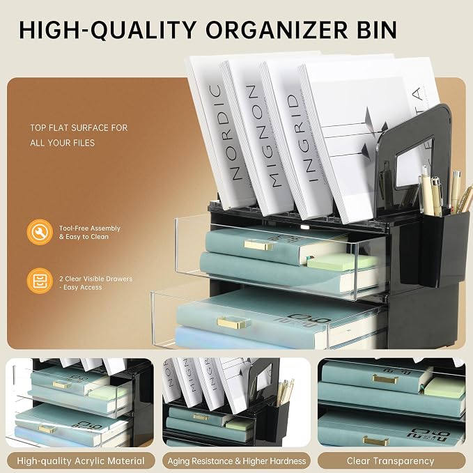 CiWiVOKi Desk Organizer with 4 File Slots and 2 Drawers, documents and office - Image 3
