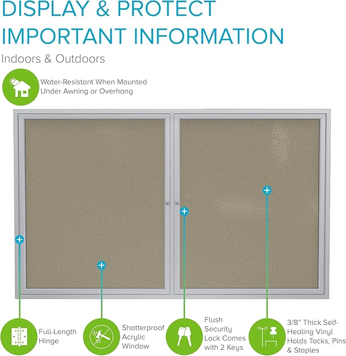 Ghent 36"x48" 2-Door Outdoor Enclosed Vinyl Bulletin Board, Shatter Resistant, with Lock, Satin Aluminum Frame - Caramel (PA23648VX-181), Made in the USA-DeskLoop Office