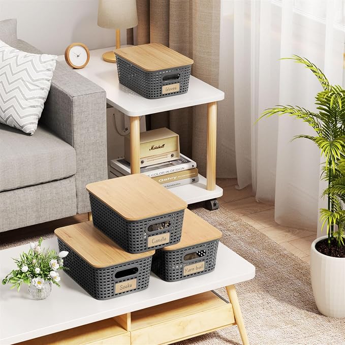 6Pcs Storage Bins with Lids, Stackable Plastic Storage Basket with Bamboo Lid - Image 7