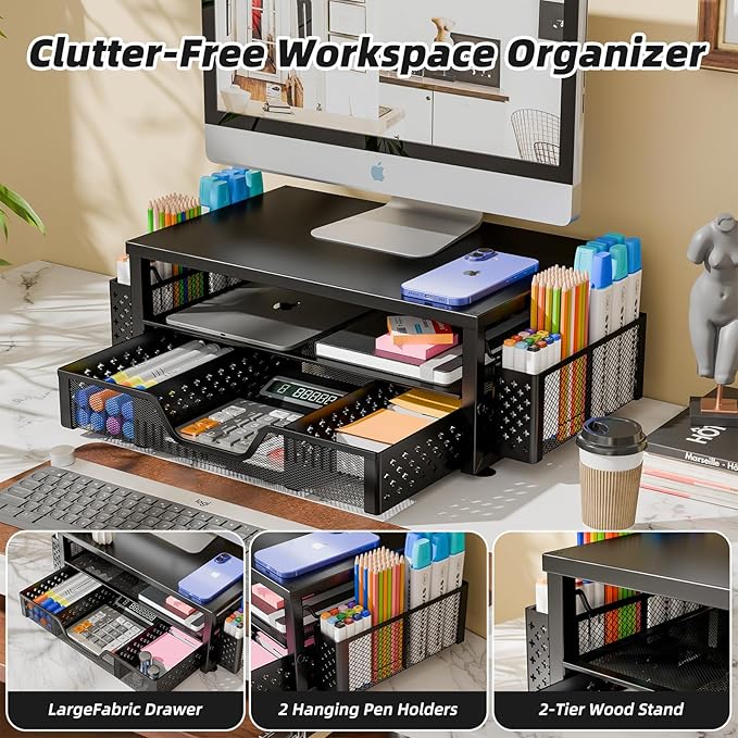 Simple Trending 2-Tier Monitor Stand Riser, Drawer & 2 Pen Holders - Image 4