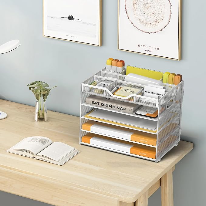 5 Tier Paper Letter Tray with 3 Drop-in Pen Holders, Mesh Desk File Organizer - Image 6