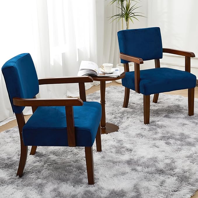 Accent Chair Set of 2 with Table, Living Room Chairs with Velvet Soft Seat & Armrests for Living Room Bedroom Reading Room Waiting Room (Velvet Navy)-DeskLoop Office