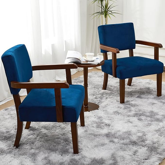 Accent Chair Set of 2 with Table, Living Room Chairs with Velvet Soft Seat & Armrests for Living Room Bedroom Reading Room Waiting Room (Velvet Navy)-DeskLoop Office
